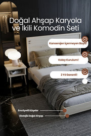Alaz Model Yatay Başlıklı Masif Ahşap Karyola ve 2 Adet Komodin 90x190 Doğal
