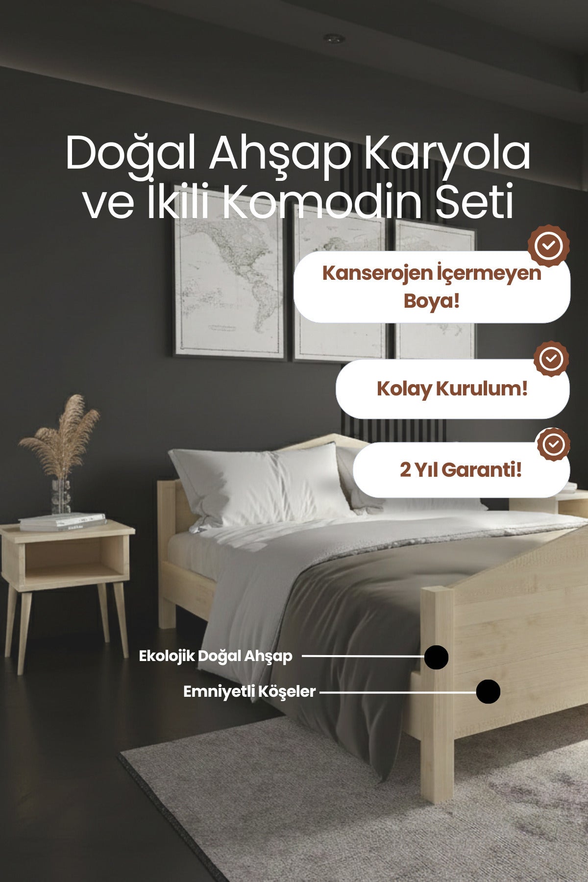 Mi̇lano Model Masif Ahşap Karyola 2 Adet Komodin 90x190 Doğal