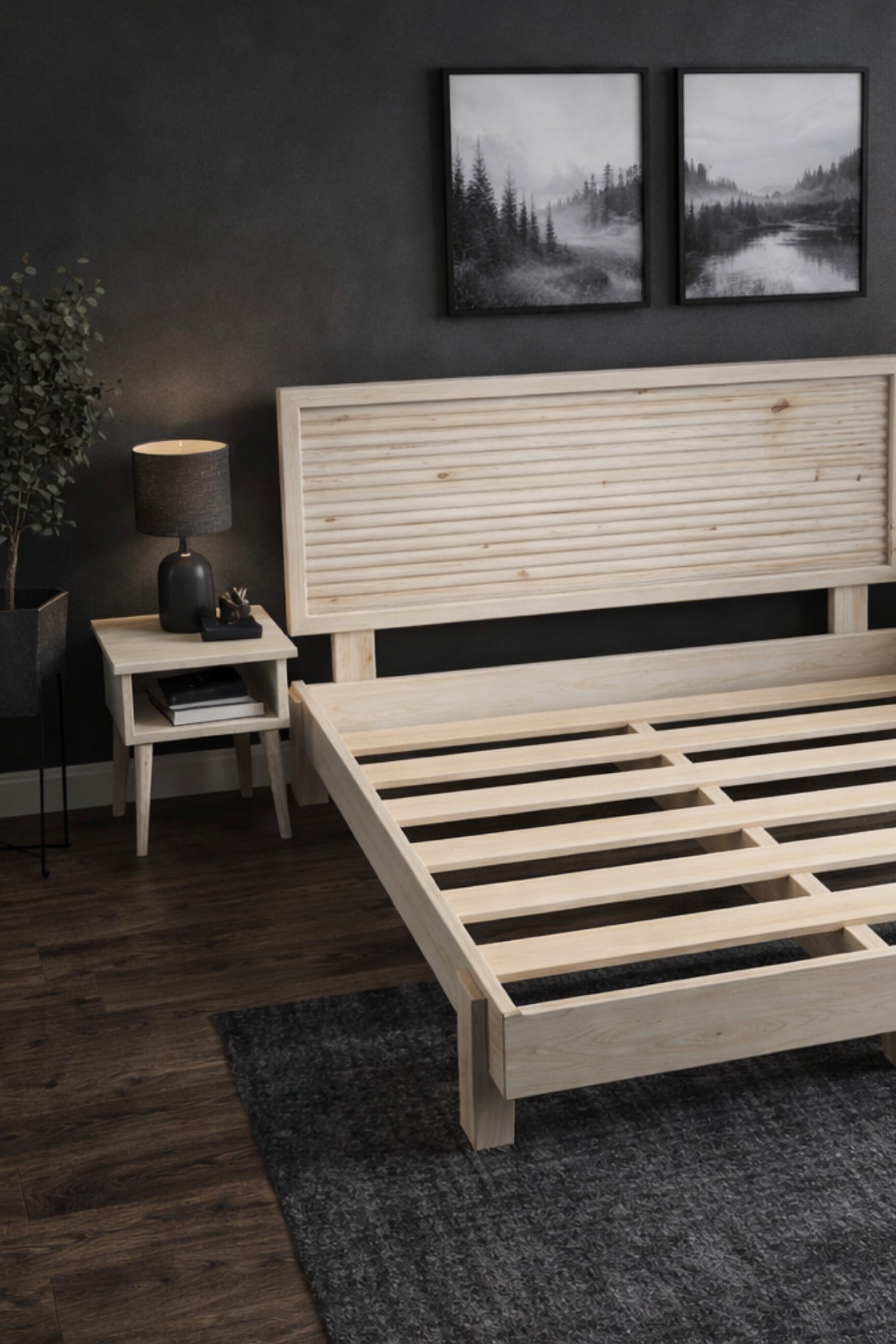Ebruli̇ Model Yatay Başlıklı Masif Ahşap Karyola 2 Adet Komodin 140x190 Doğal