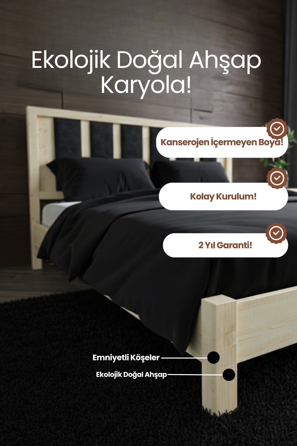 Ori̇on Model Lacivert Puf Başlıklı Masif Ahşap Karyola 90x190 Doğal