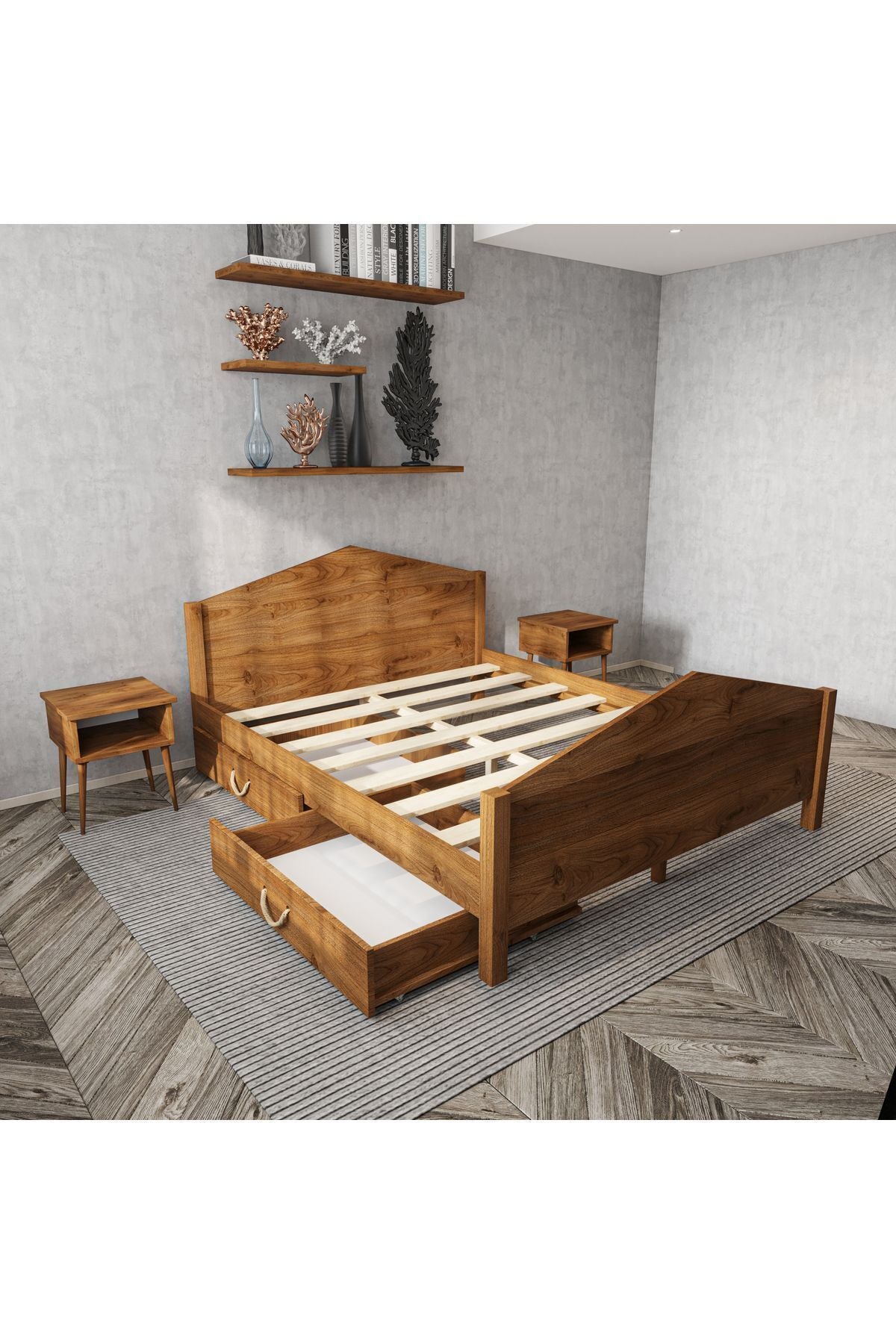 Mi̇lano Piramit Model 4 Çekmeceli Masif Ahşap Karyola 90x200 Doğal