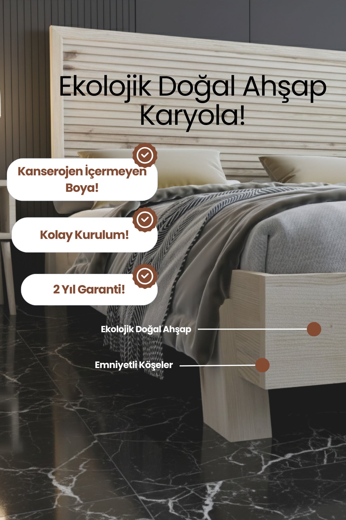 Alaz Model Yatay Başlıklı Masif Ahşap Karyola 90x190 Doğal