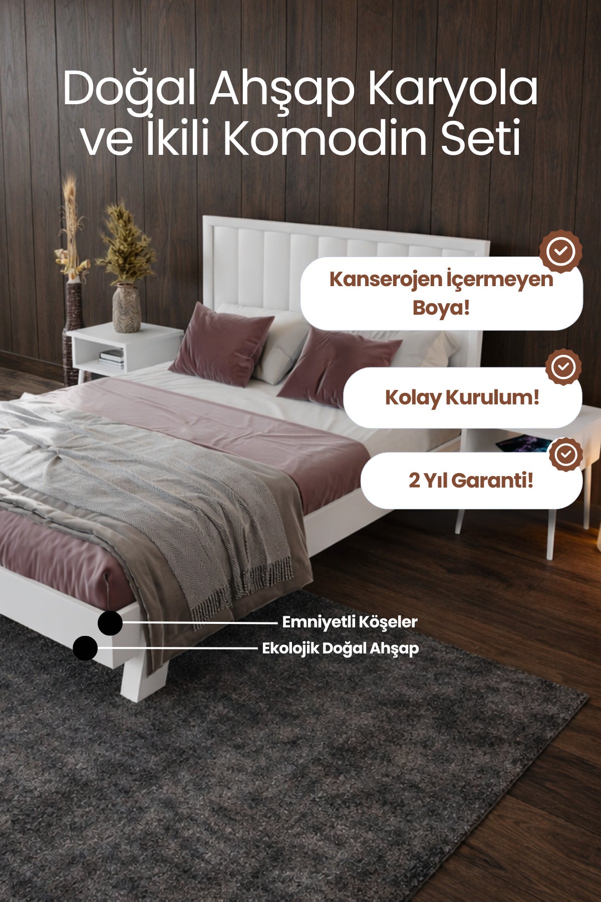 Hüma Model Dikey Başlıklı Masif Ahşap Karyola 2 Adet Komodin 140x190 Ceviz