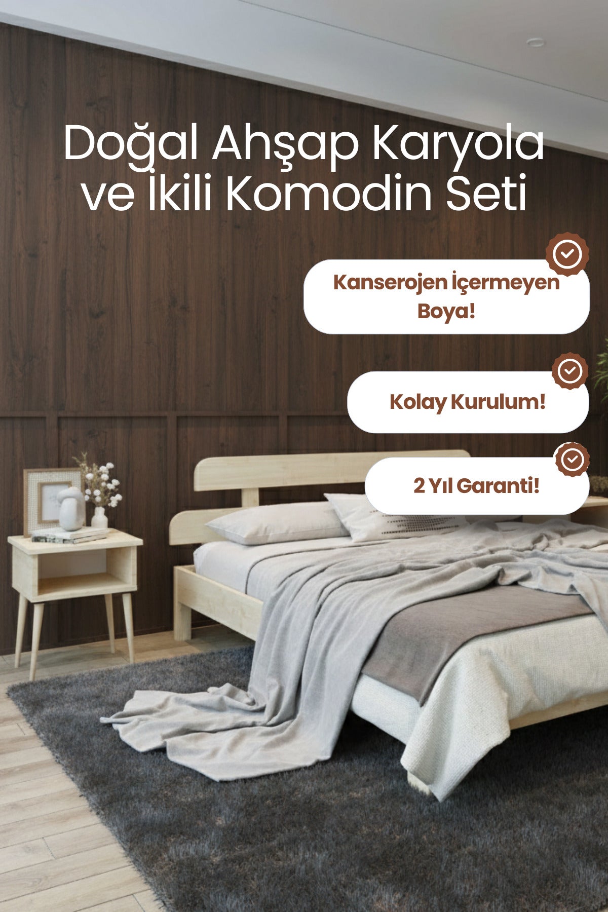 Lotus New Model Masif Ahşap Karyola 2 Adet Komodin 90x190 Doğal