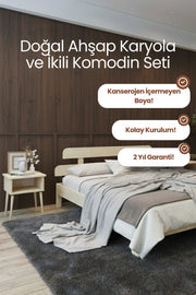 Lotus New Model Masif Ahşap Karyola 2 Adet Komodin 90x190 Doğal