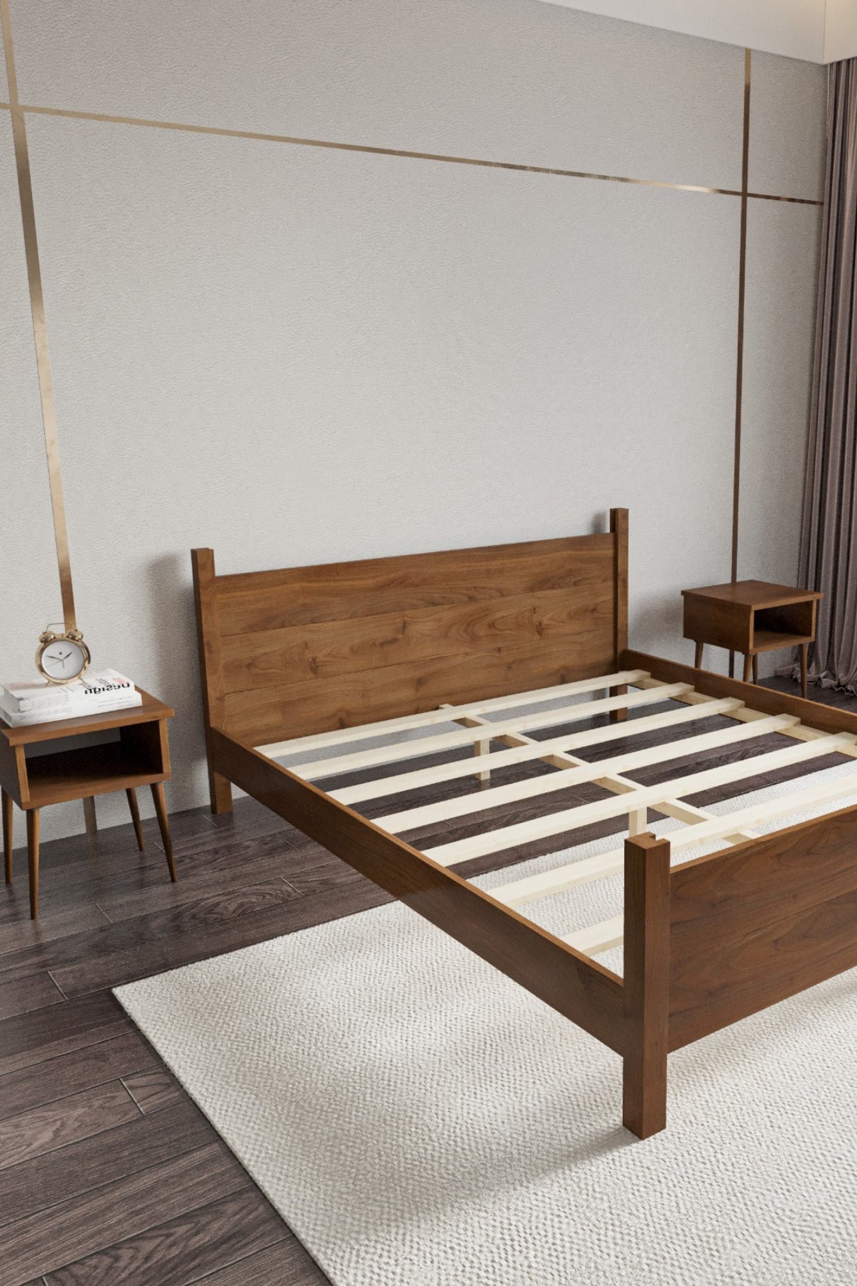 Melodi̇ Model Masif Ahşap Karyola 2 Adet Komodin 90x200 Ceviz