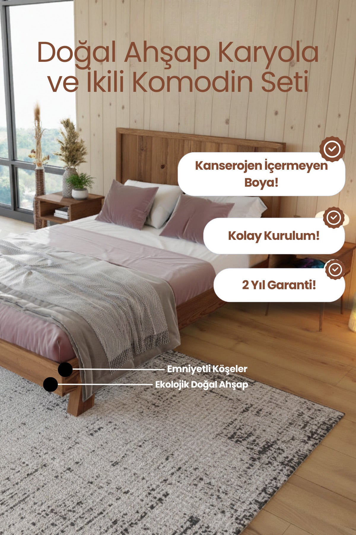 Hüma Model Dikey Başlıklı Masif Ahşap Karyola ve 2 Adet Komodin 160x200 Doğal