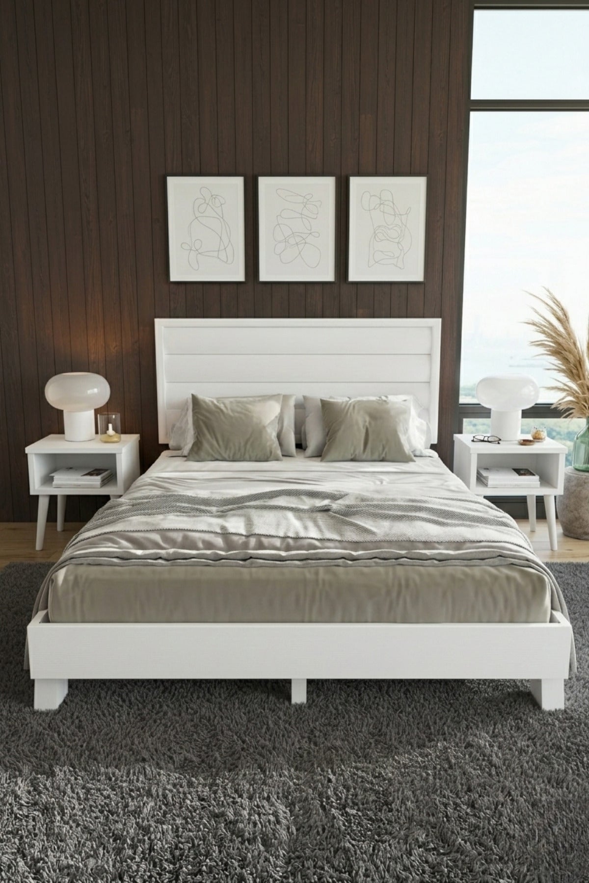 Hüma Model Yatay Başlıklı Masif Ahşap Karyola 2 Adet Komodin 150x200 Ceviz