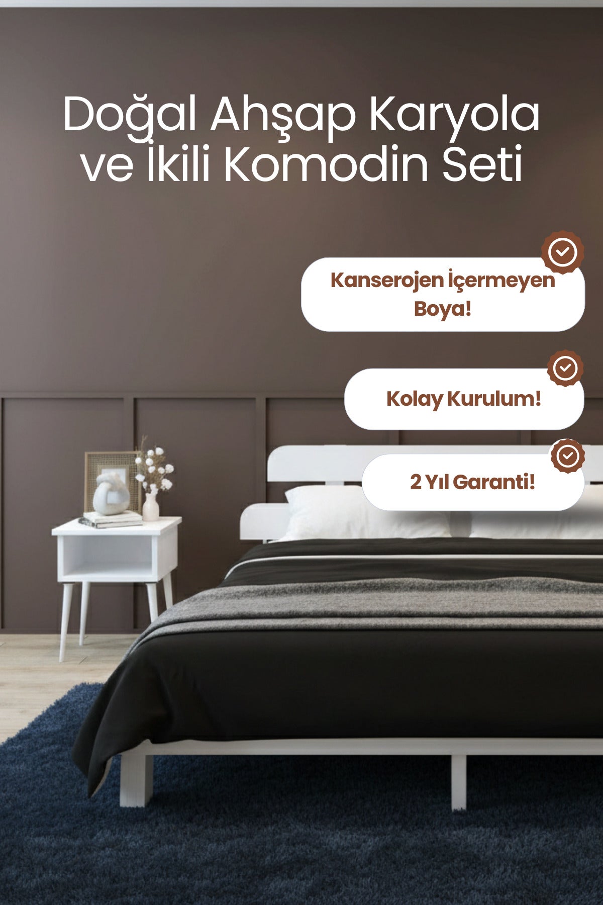 Lotus Model Masif Ahşap Karyola 2 Adet Komodin 140x190 Ceviz