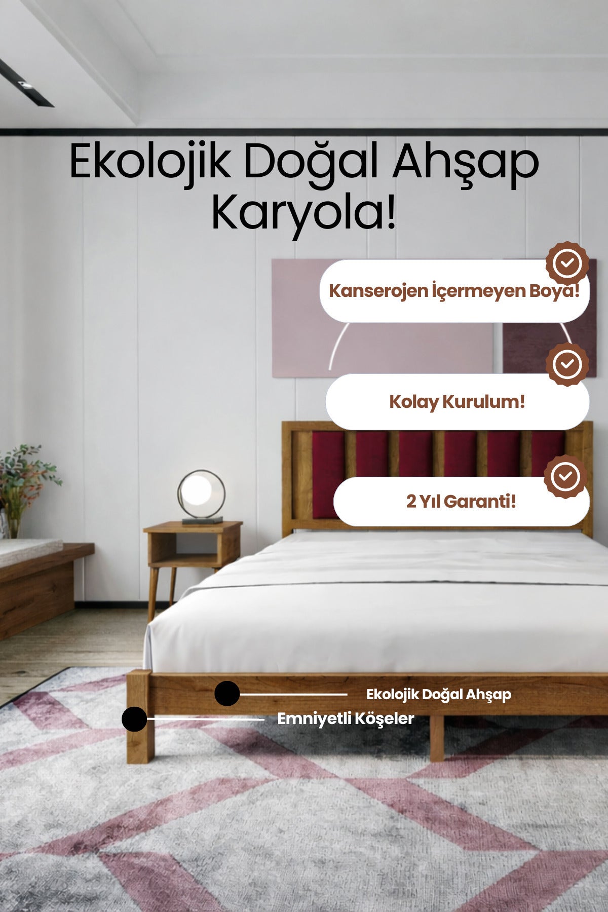 Ori̇on Model Bordo Puf Başlıklı Masif Ahşap Karyola 160x200 Doğal