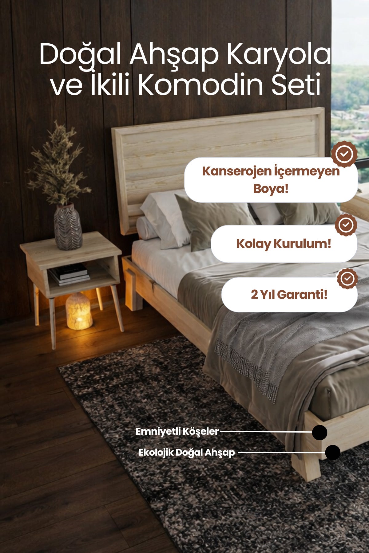 Hüma Model Yatay Başlıklı Masif Ahşap Karyola 2 Adet Komodin 90x190 Doğal