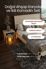 Hüma Model Yatay Başlıklı Masif Ahşap Karyola 2 Adet Komodin 90x190 Doğal
