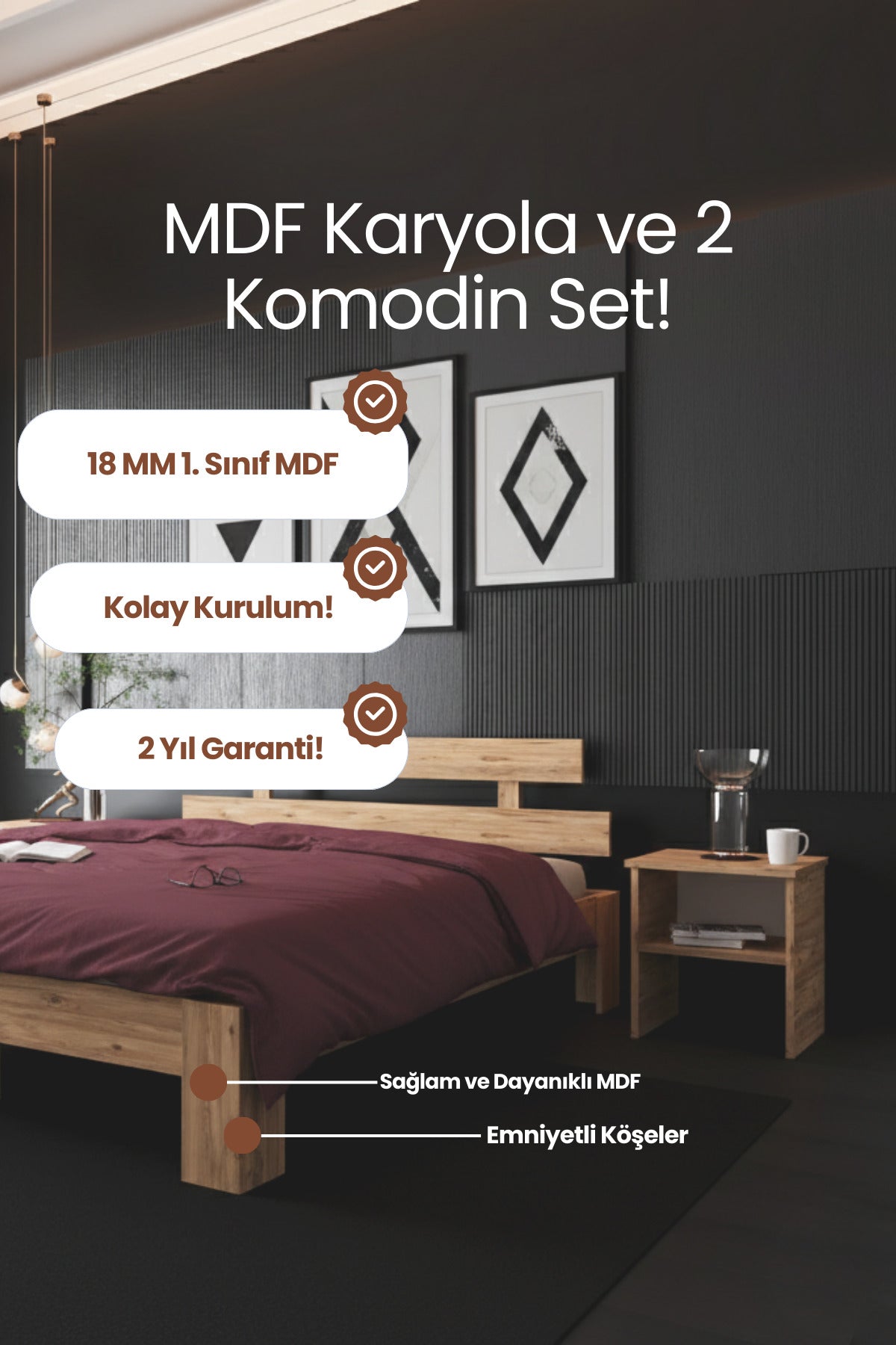 Lotus MDF Karyola ve 2 Komodinli Set 140x200 Atlantik Çam