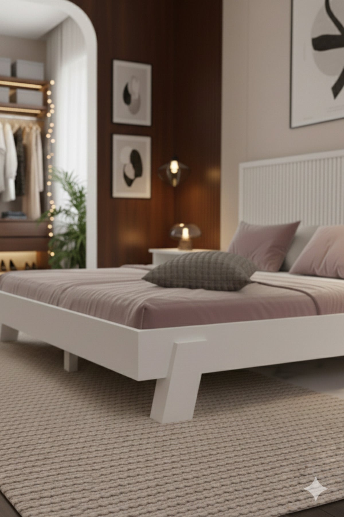 Alaz Model Dikey Başlıklı Masif Ahşap Karyola ve 2 Adet Komodin 200x200 Ceviz