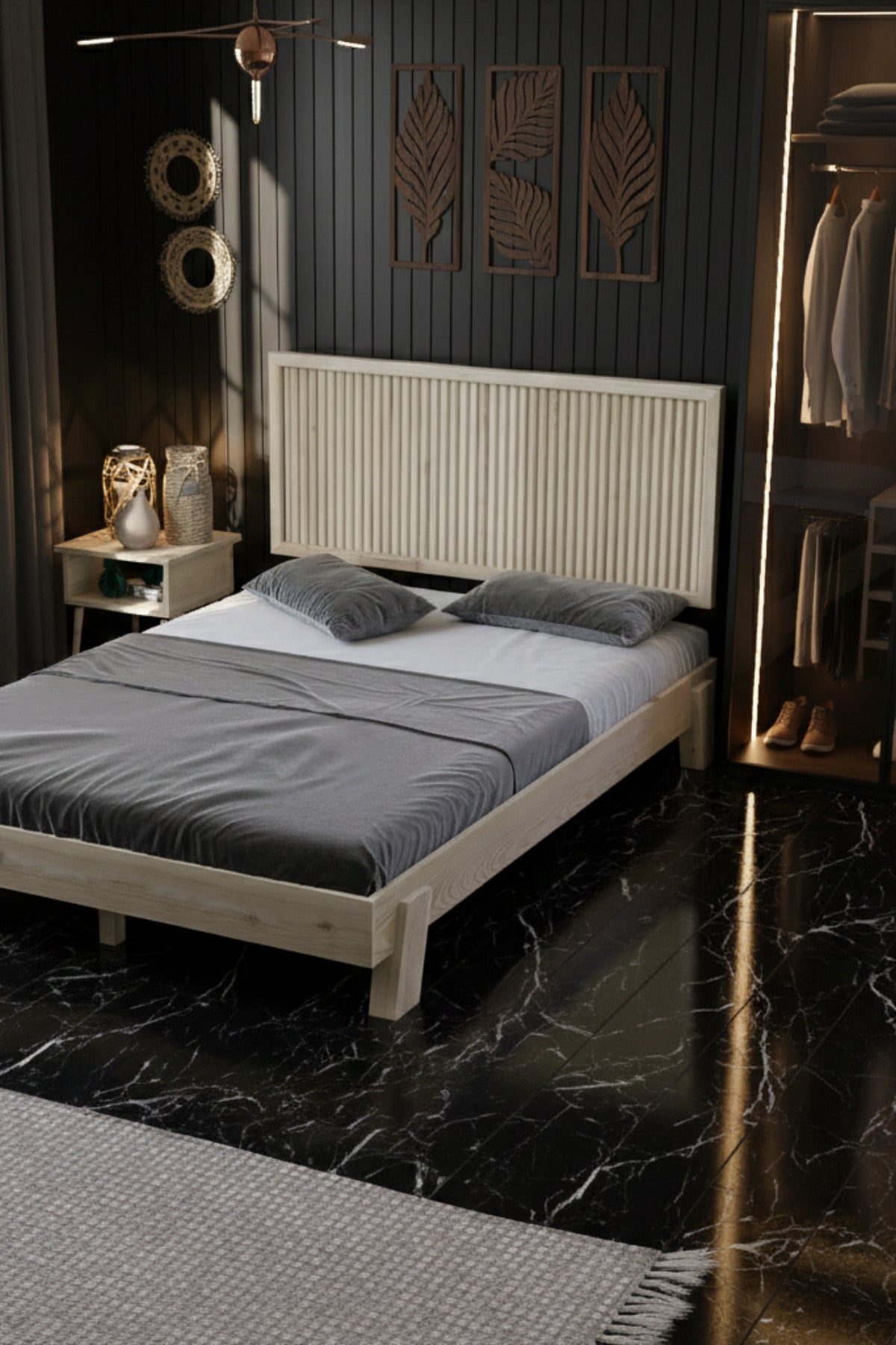 Ebruli̇ Model Dikey Başlıklı Masif Ahşap Karyola 100x200 Doğal