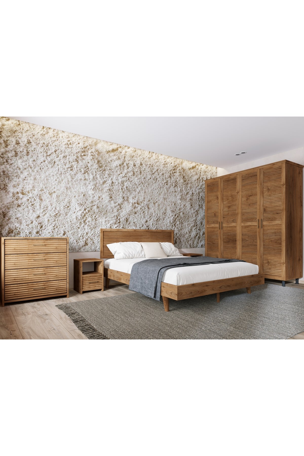 Ebruli Model Masif Ahşap Yatak Odası Seti 90x190 Ceviz