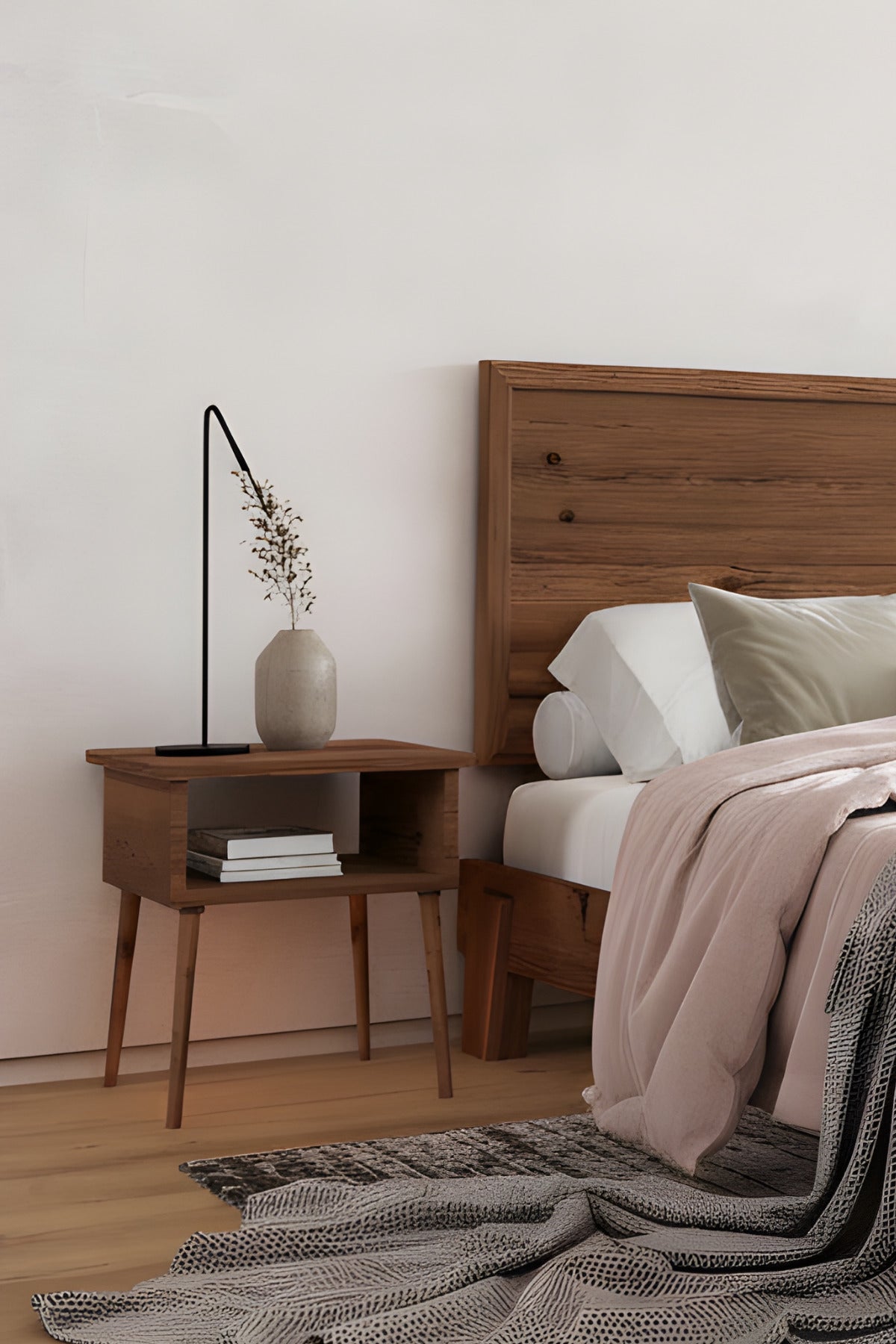 Hüma Model Yatay Başlıklı Masif Ahşap Karyola 2 Adet Komodin 90x190 Ceviz