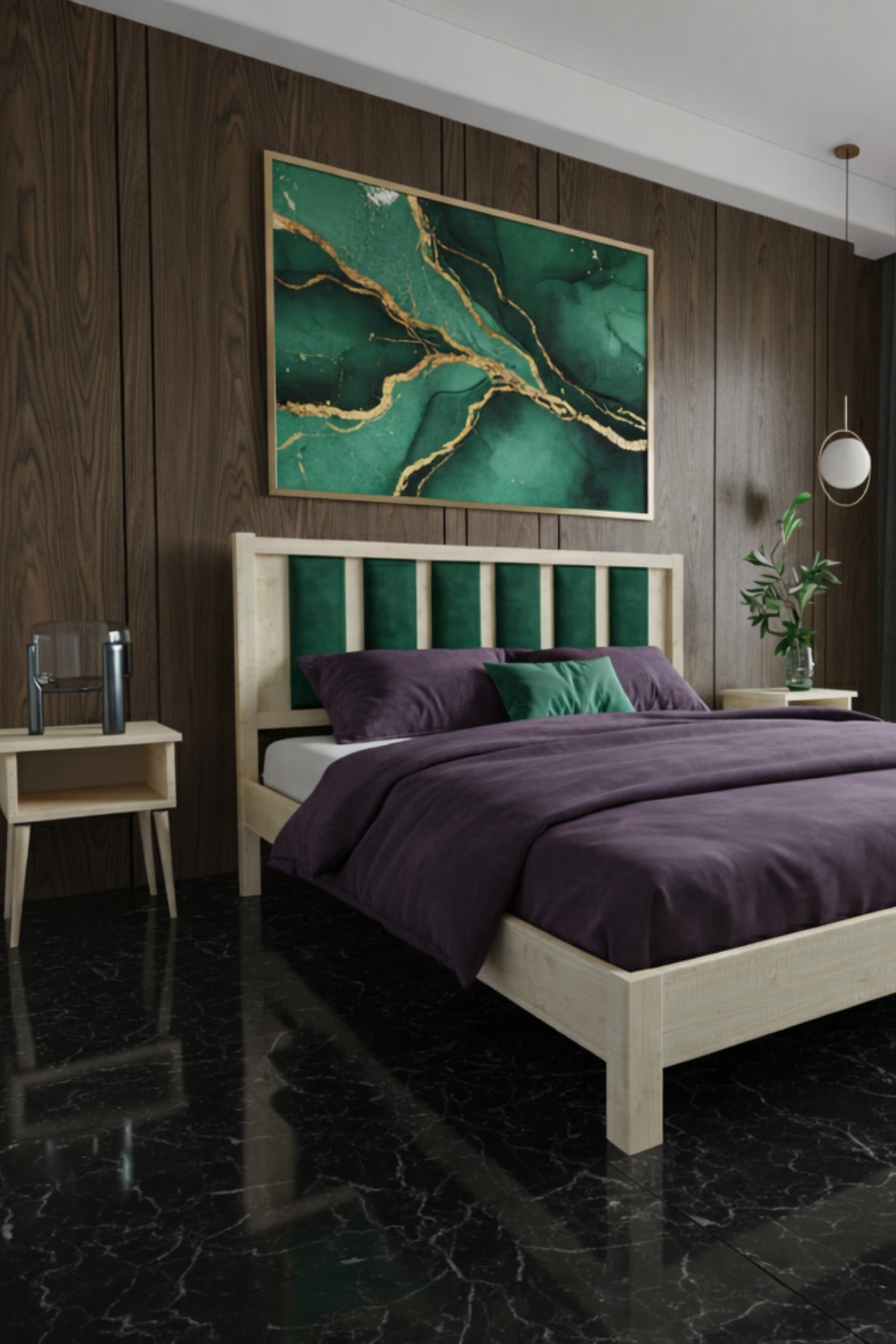 Ori̇on Model Zümrüt Yeşili Puf Başlıklı Masif Ahşap Karyola 120x200 Doğal