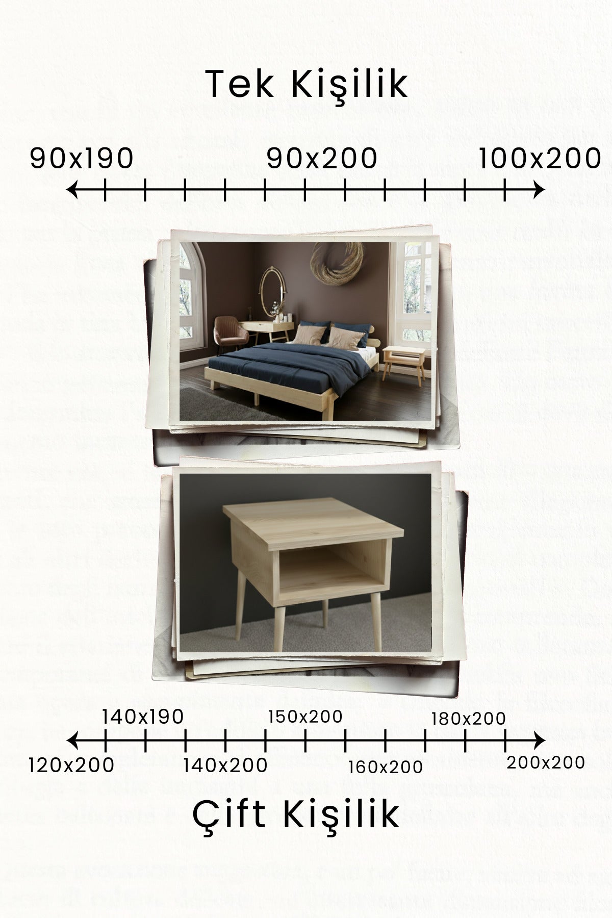 Damla Model 2 Başlıklı Masif Ahşap Karyola 2 Adet Komodin 90x200 Doğal