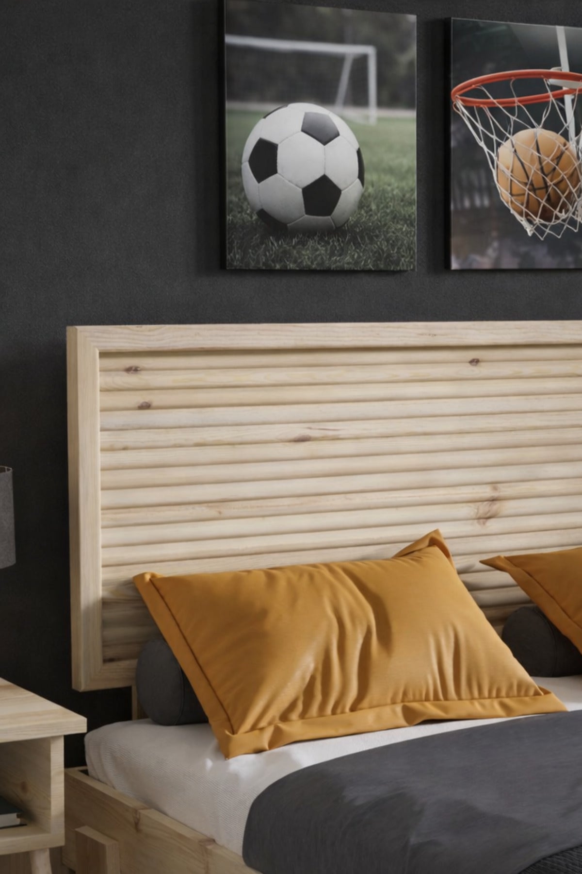 Ebruli̇ Model Yatay Başlıklı Masif Ahşap Karyola 2 Adet Komodin 140x200 Doğal