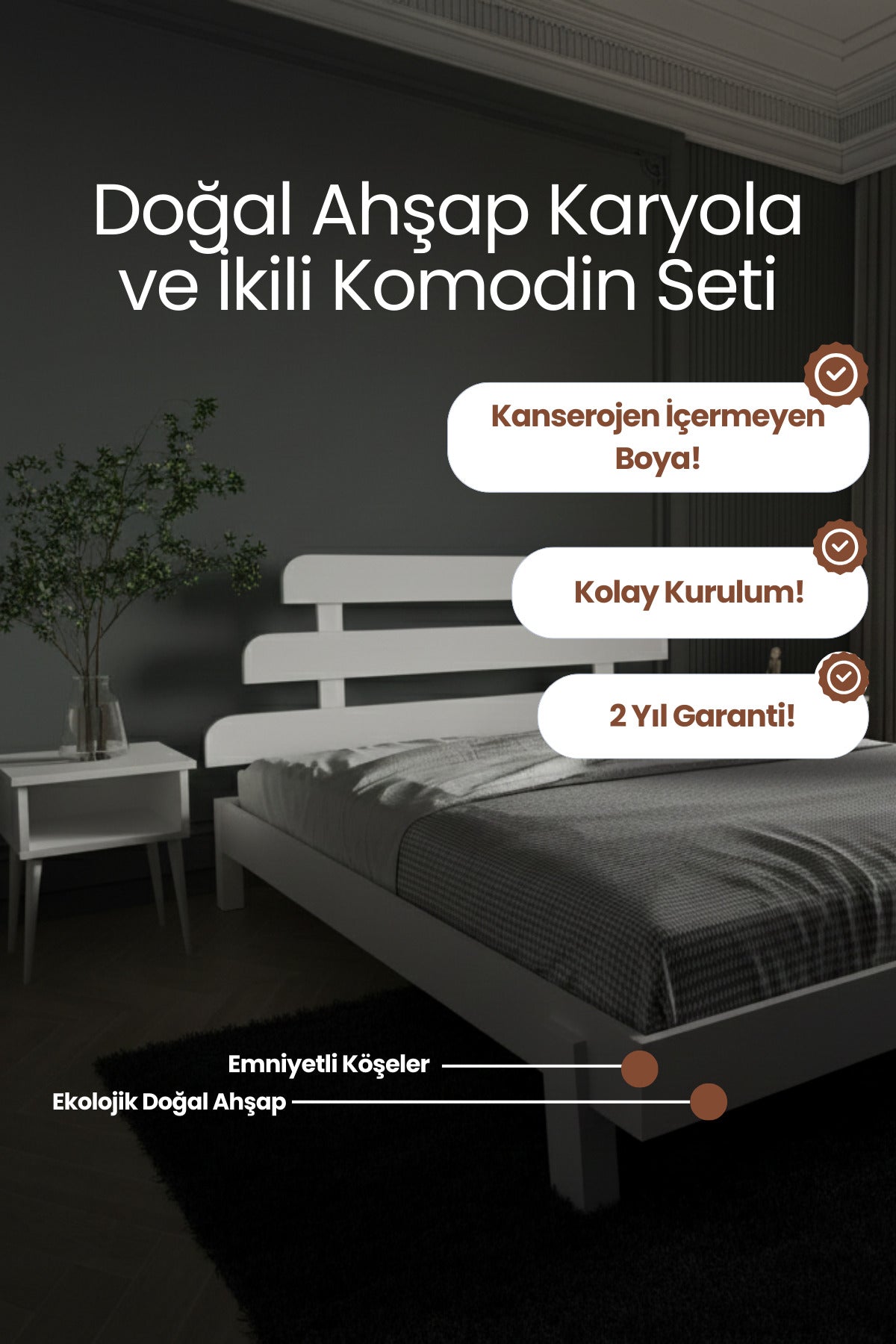 Lotus X Model Masif Ahşap Karyola ve 2 Adet Komodin 140x190 Ceviz