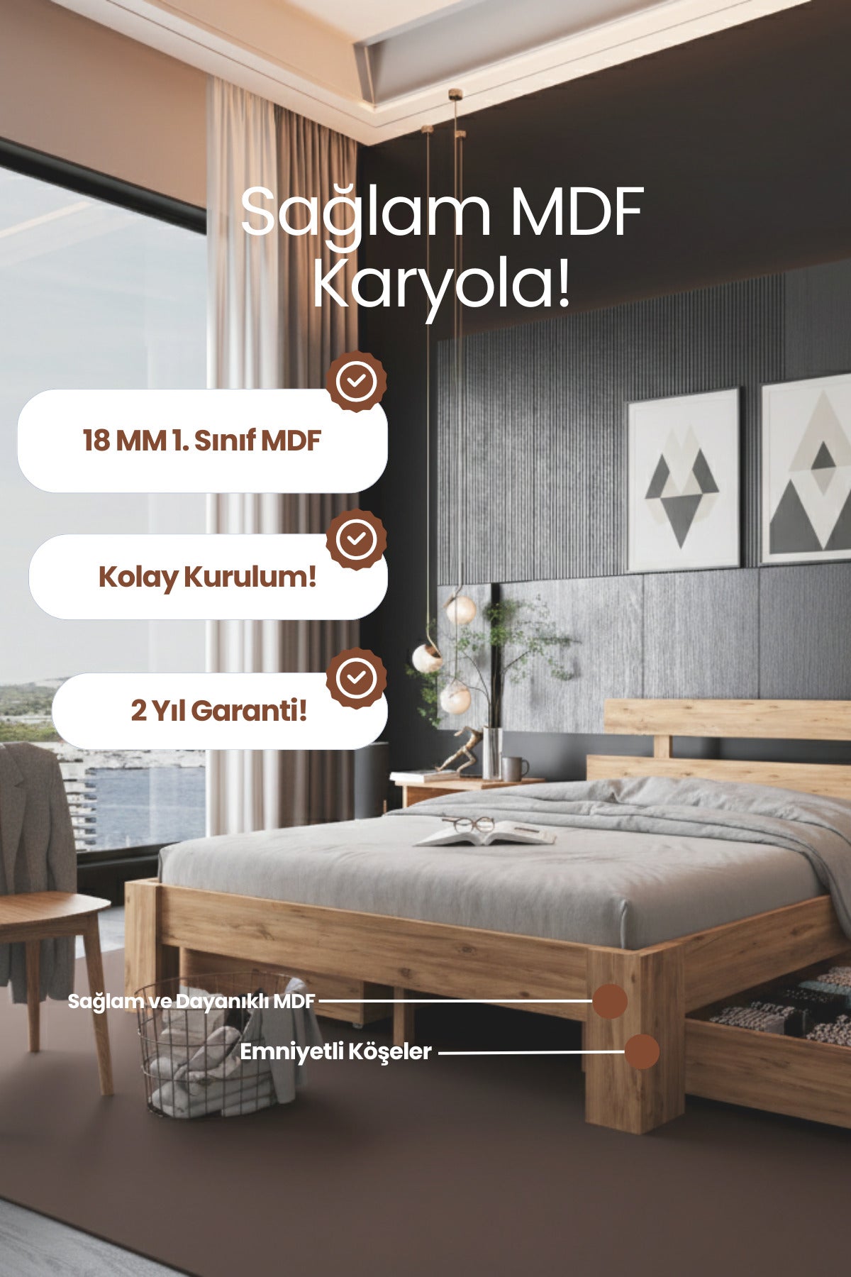 Lotus 4 Çekmeceli MDF Karyola 160x200 Beyaz