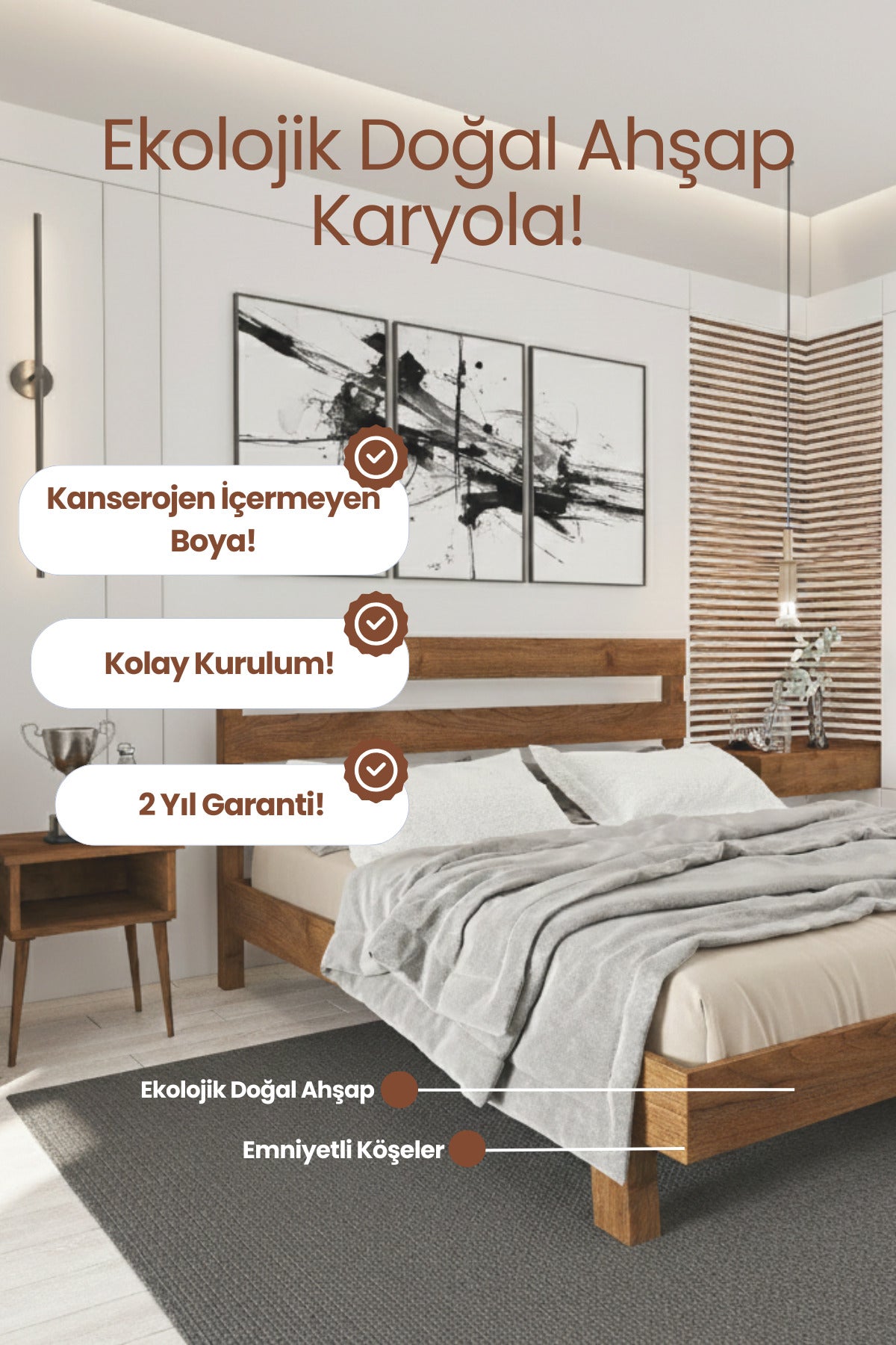 Natura New Model Masif Ahşap Karyola 90x190 Doğal