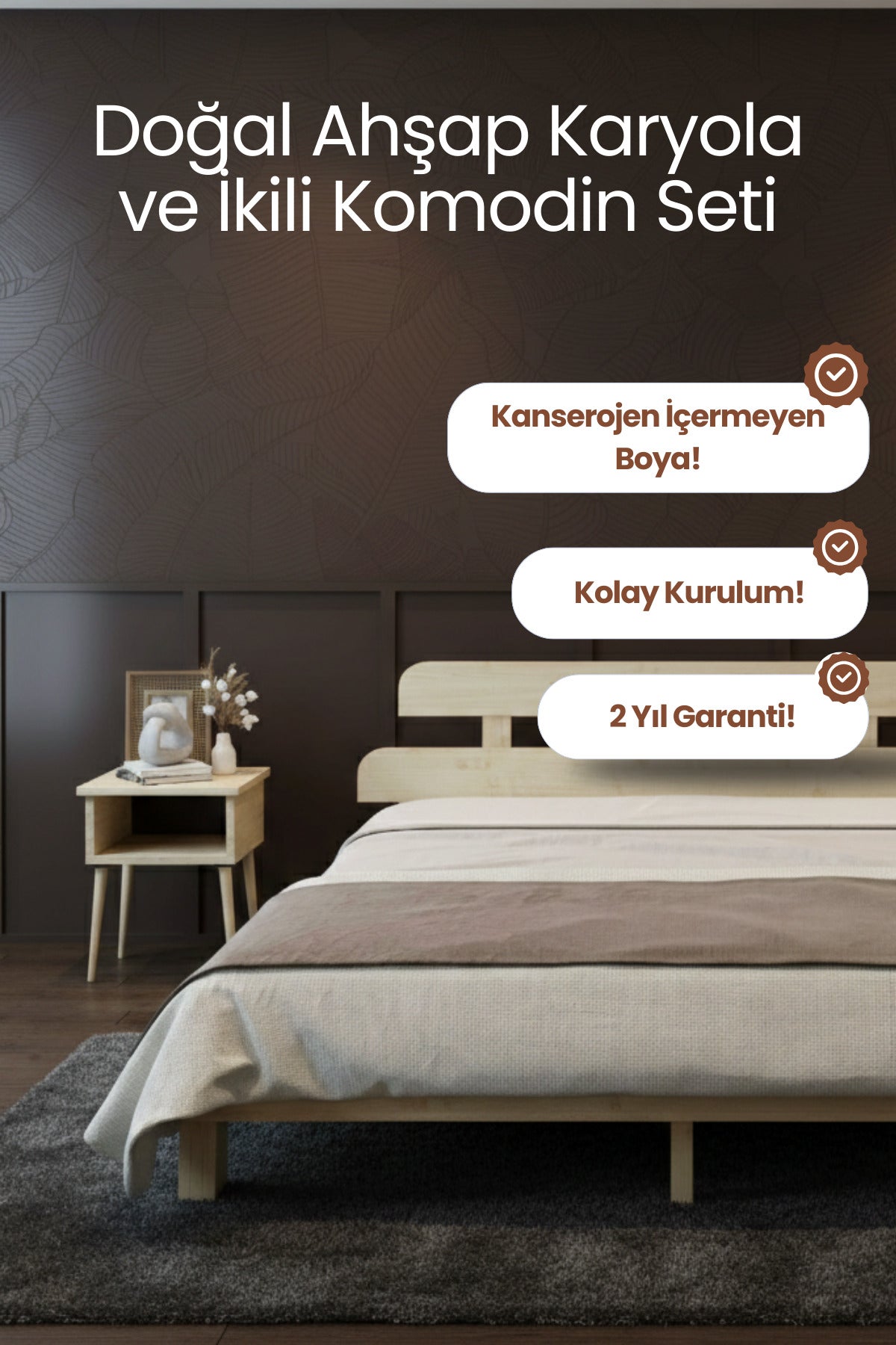 Lotus Model Masif Ahşap Karyola 2 Adet Komodin 90x190 Doğal