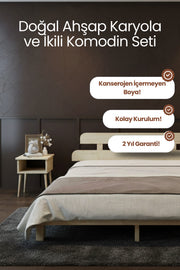 Lotus Model Masif Ahşap Karyola 2 Adet Komodin 90x190 Doğal