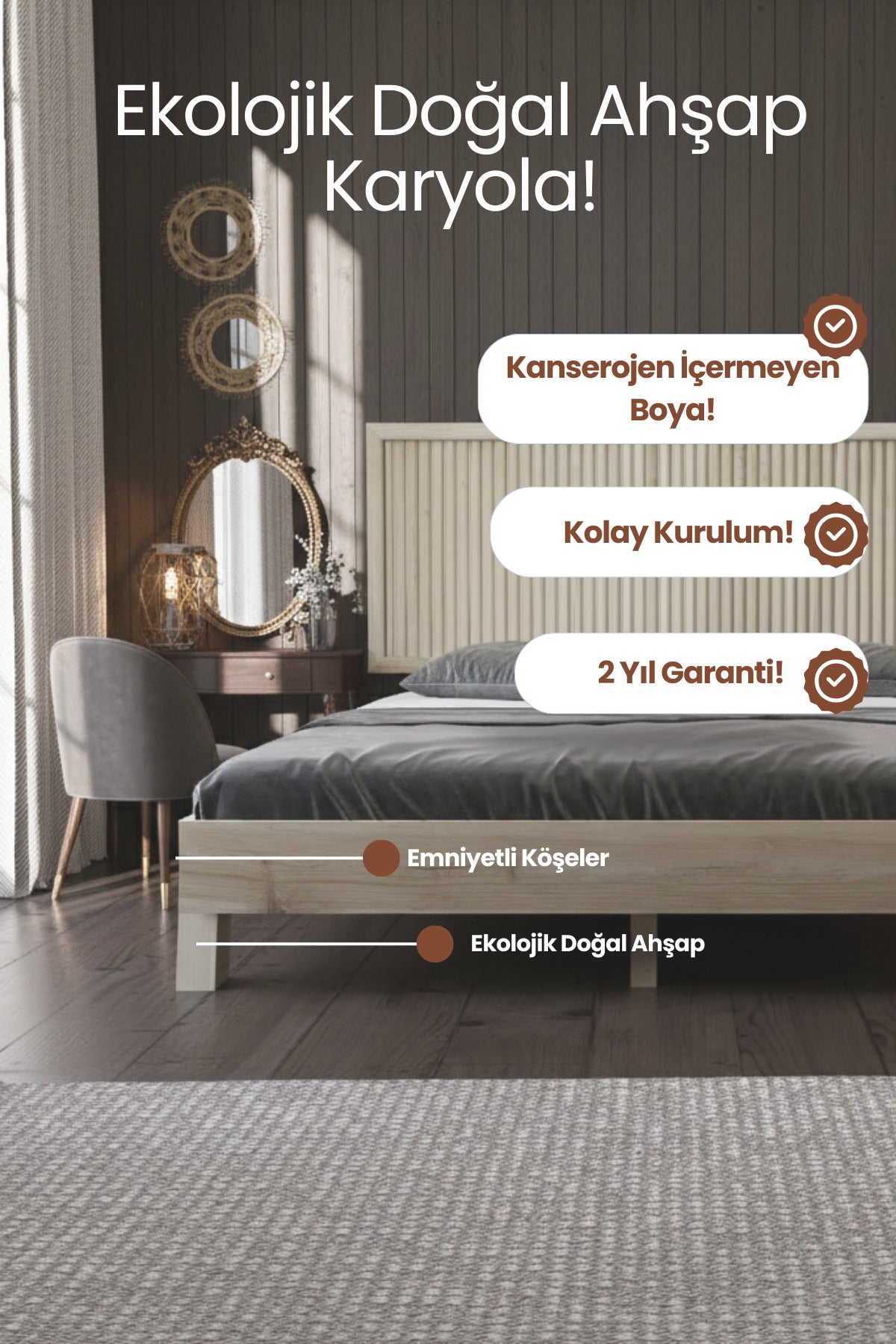 Ebruli̇ Model Dikey Başlıklı Masif Ahşap Karyola 90x190 Doğal