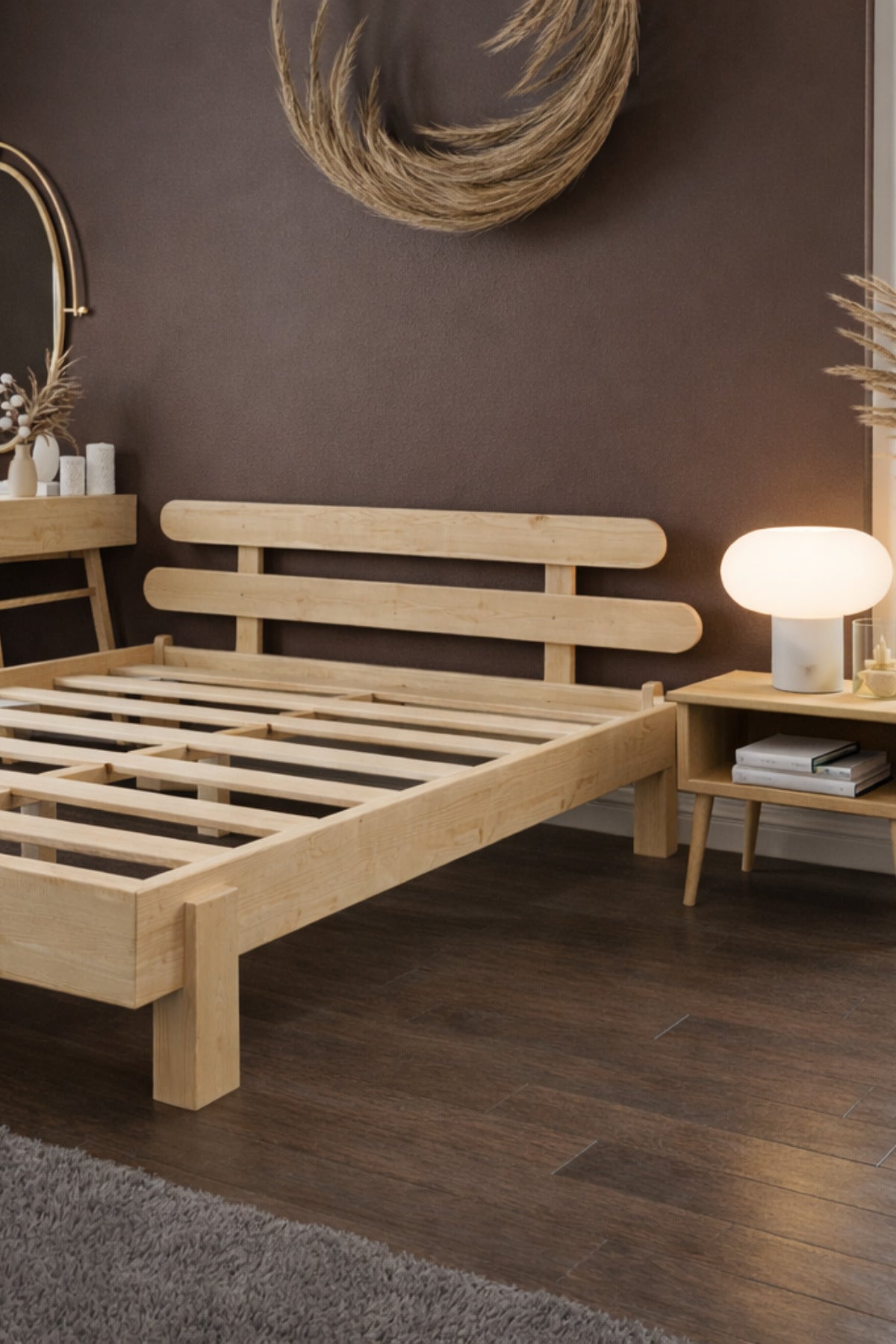 Damla Model 2 Başlıklı Masif Ahşap Karyola ve 2 Adet Komodin 140x200 Doğal