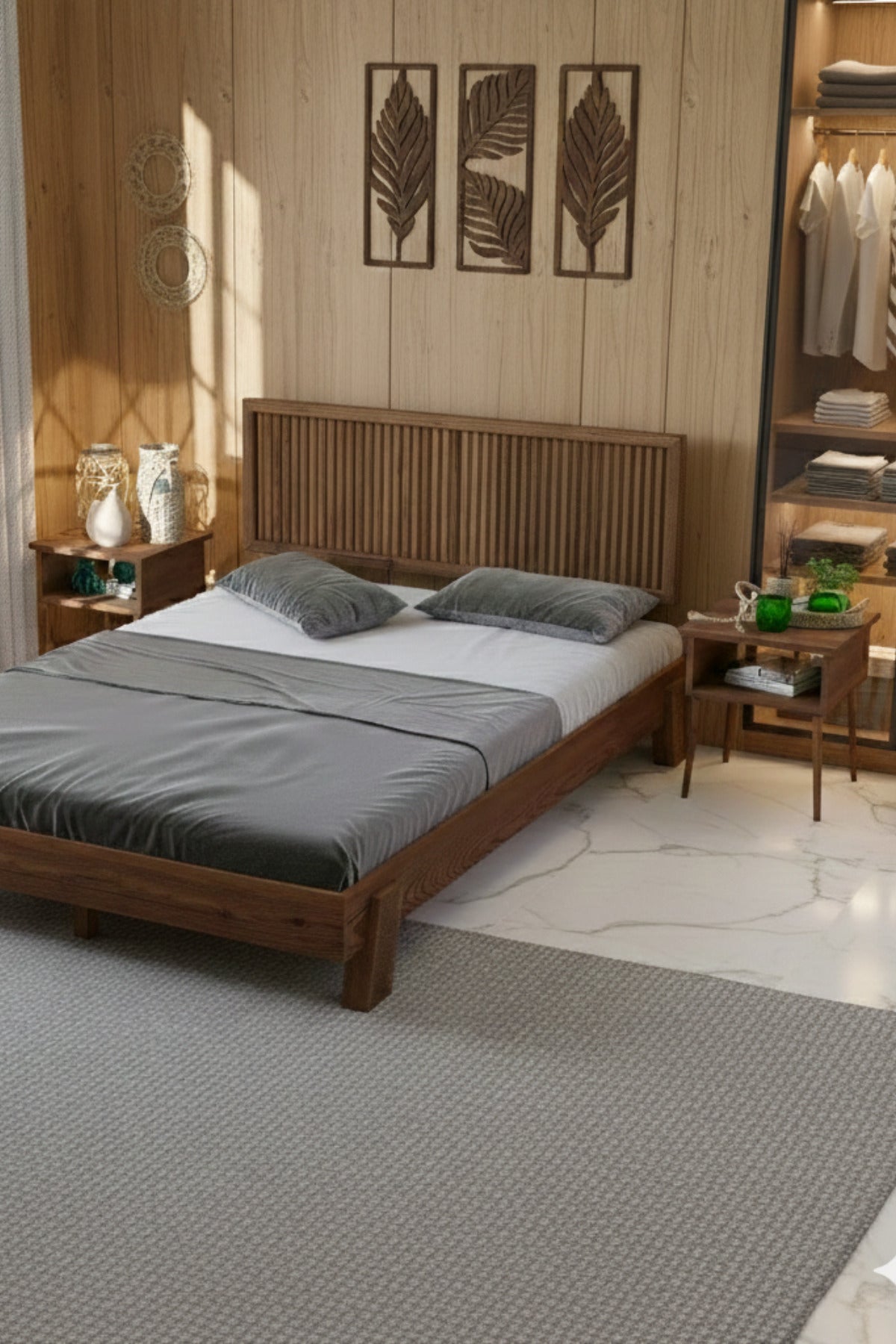 Ebruli̇ Model Dikey Başlıklı Masif Ahşap Karyola 2 Adet Komodin 200x200 Doğal