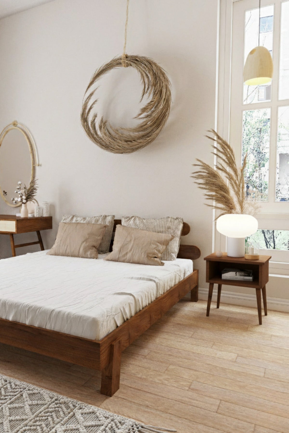 Damla Model 2 Başlıklı Masif Ahşap Karyola 200x200 Doğal