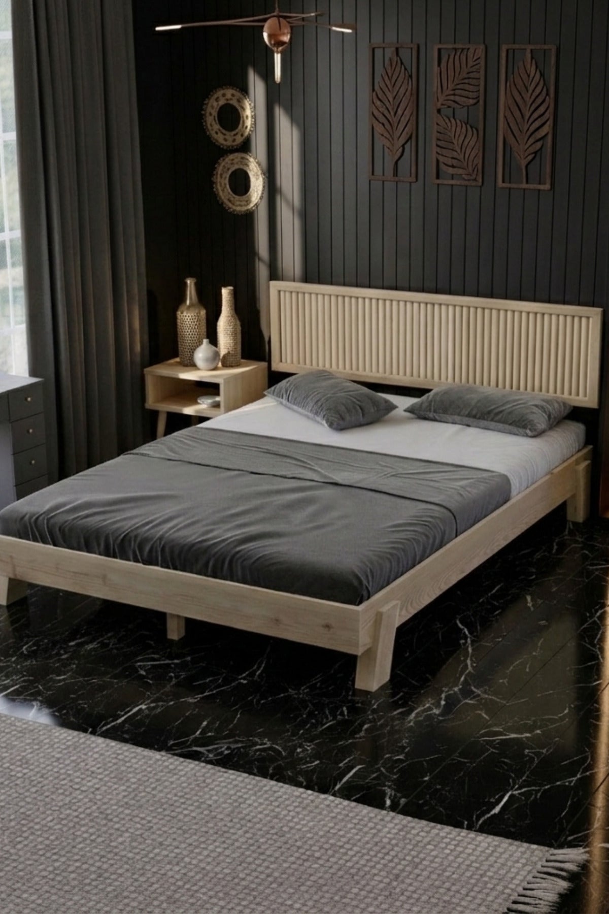 Ebruli̇ Model Dikey Başlıklı Masif Ahşap Karyola 2 Adet Komodin 140x190 Doğal