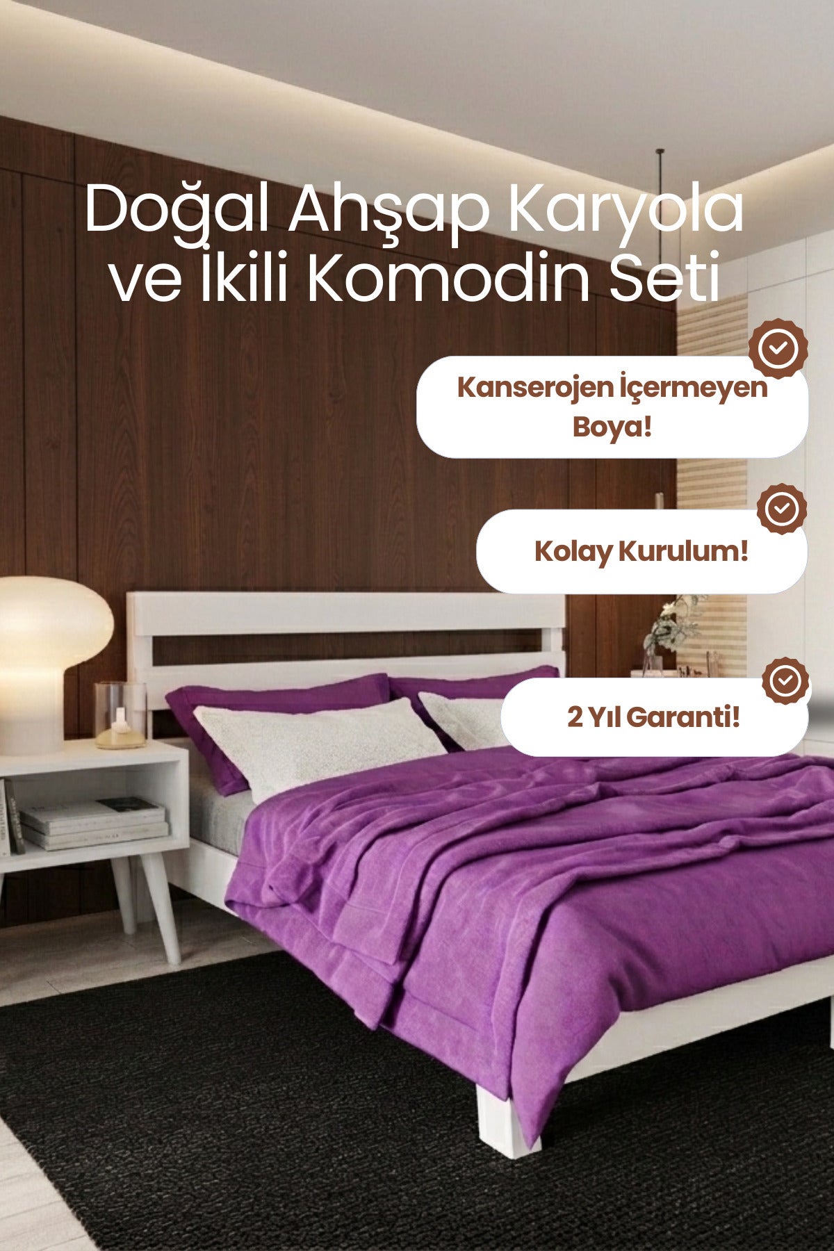Natura New Model Masif Ahşap Karyola 2 Adet Komodin 100x200 Ceviz