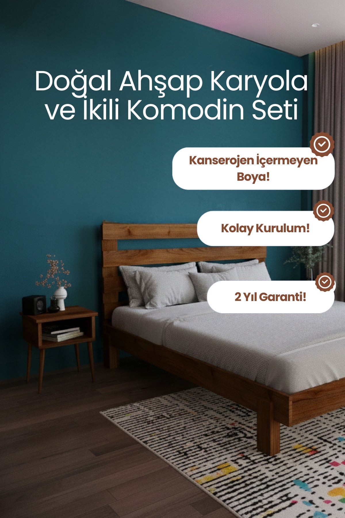 Urban Model Masif Ahşap Karyola 2 Adet Komodin 180x200 Doğal
