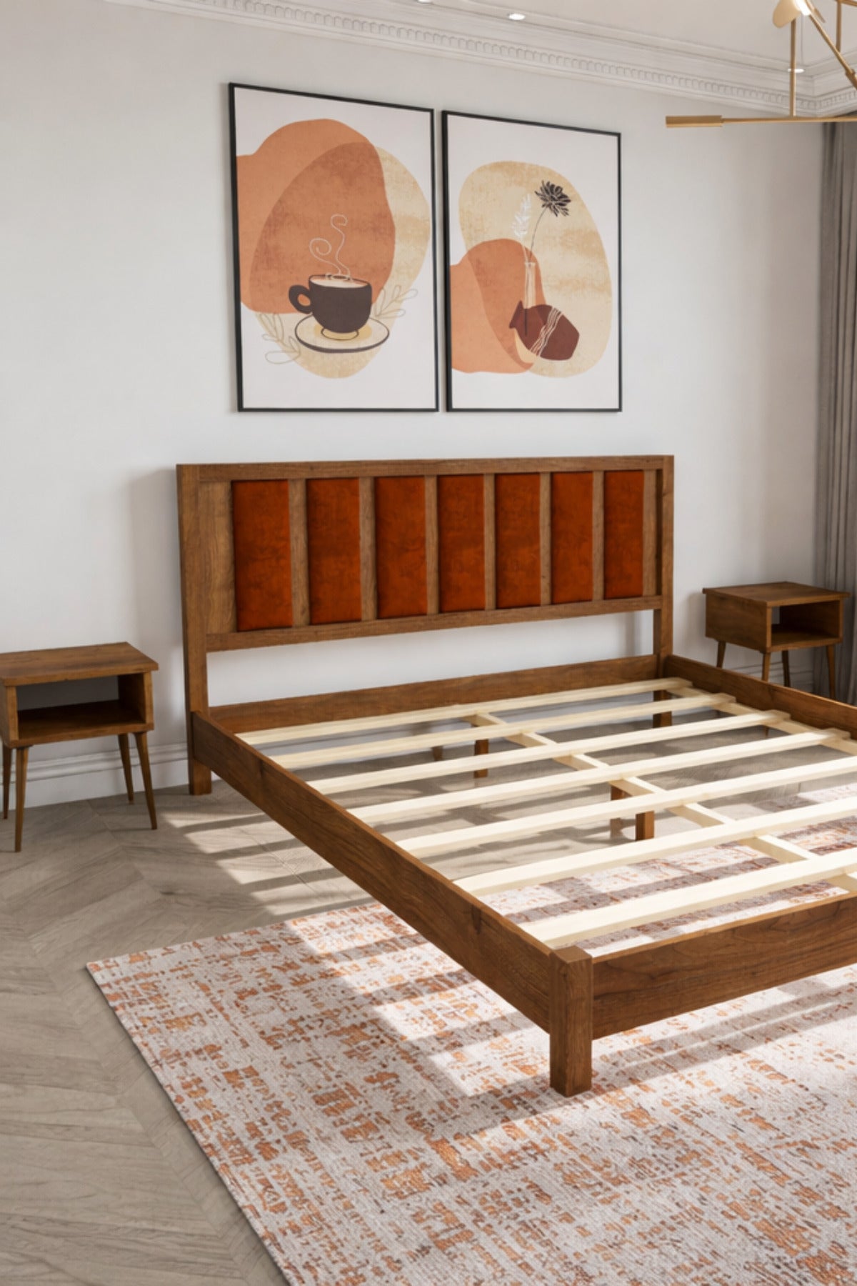 Ori̇on Model Kiremit Rengi Puf Başlıklı Masif Ahşap Karyola 120x200 Ceviz