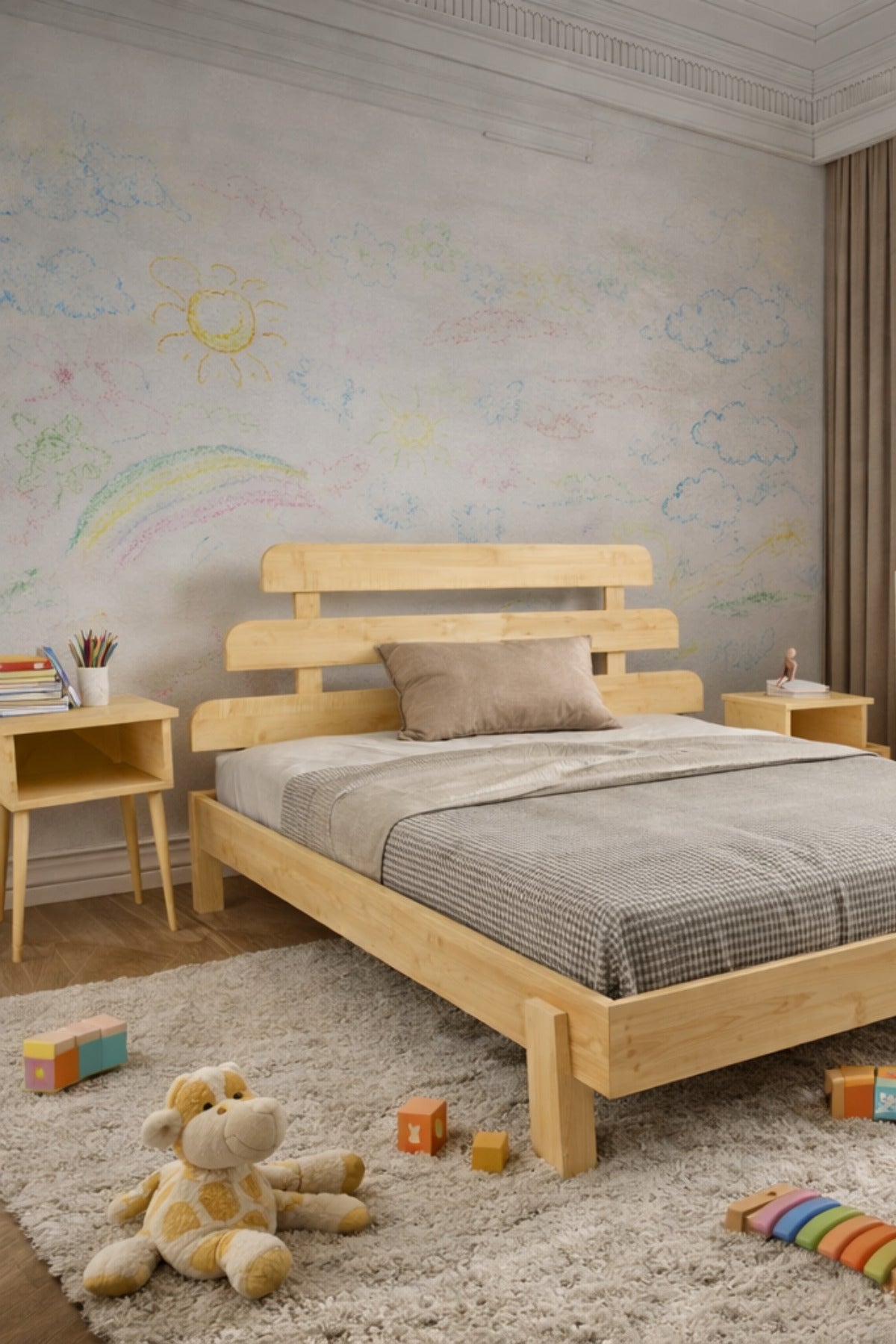 Lotus X Model Masif Ahşap Karyola ve 2 Adet Komodin 120x200 Doğal
