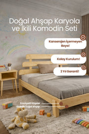 Lotus X New Model Masif Ahşap Karyola ve 2 Adet Komodin 90x190 Doğal