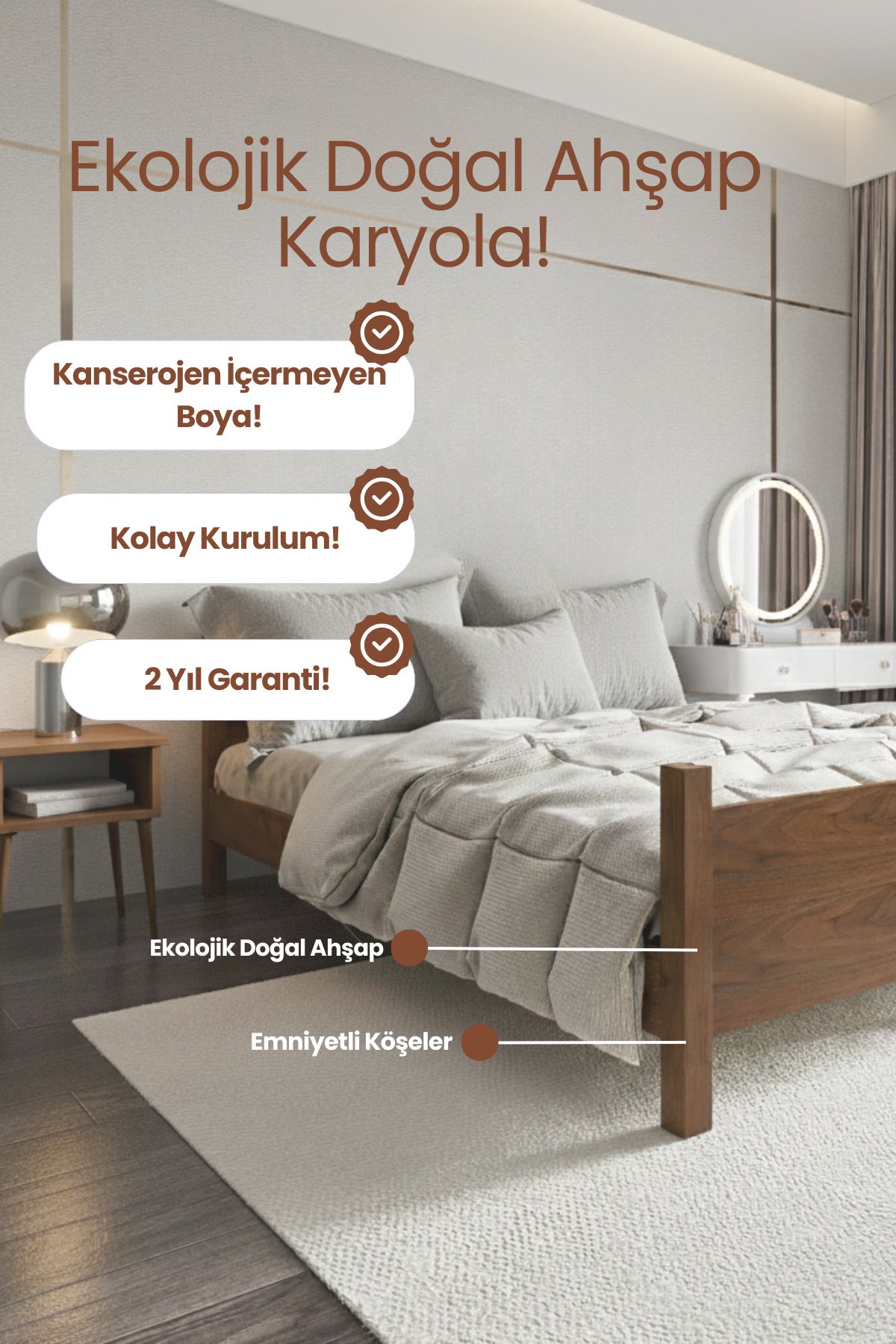Melodi̇ Model Masif Ahşap Karyola 90x190 Doğal