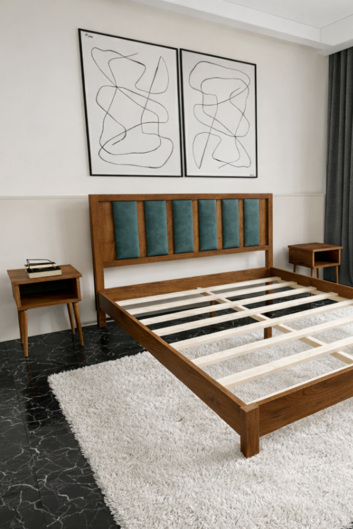 Ori̇on Model Çağla Yeşili Puf Başlıklı Masif Ahşap Karyola 90x200 Ceviz