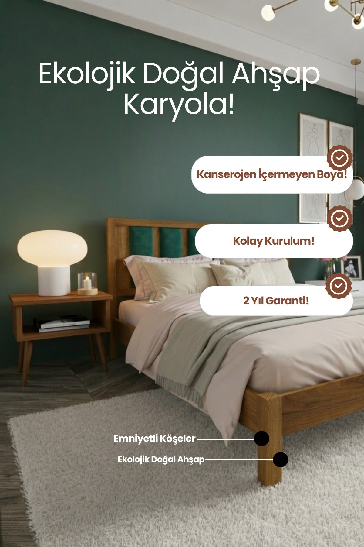 Ori̇on Model Zümrüt Yeşili Puf Başlıklı Masif Ahşap Karyola 160x200 Doğal
