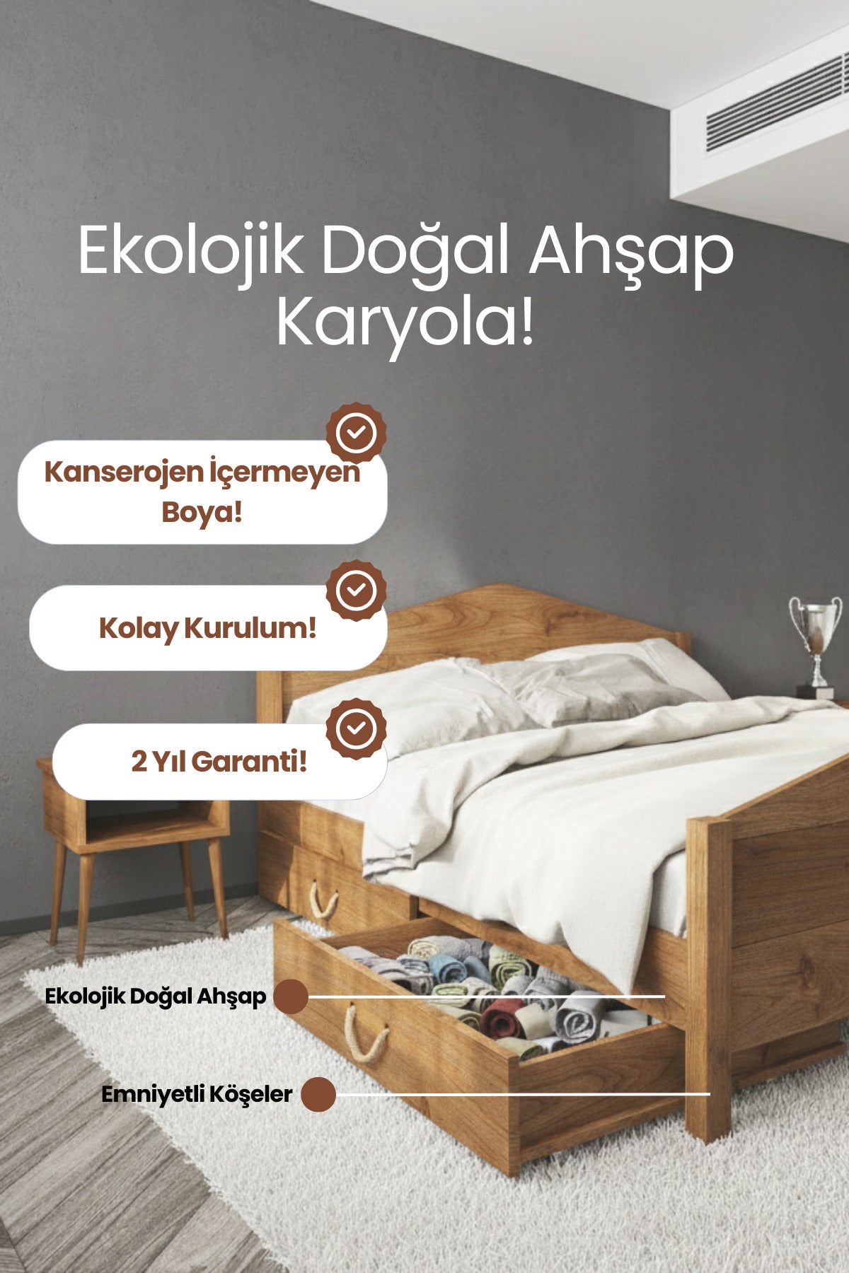 Mi̇lano Piramit Model 2 Çekmeceli Masif Ahşap Karyola 90x190 Doğal