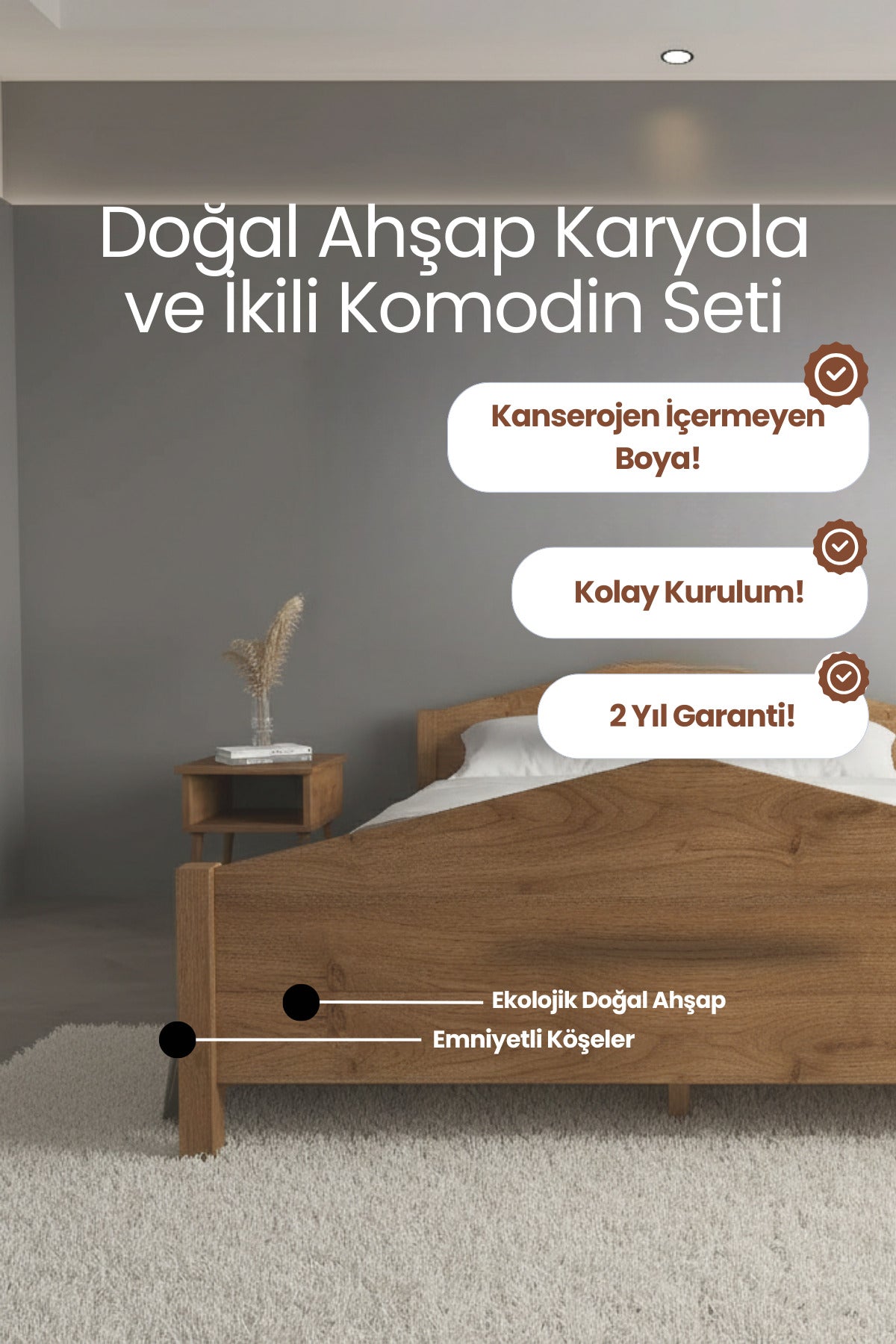 Mi̇lano Model Masif Ahşap Karyola 2 Adet Komodin 160x200 Doğal