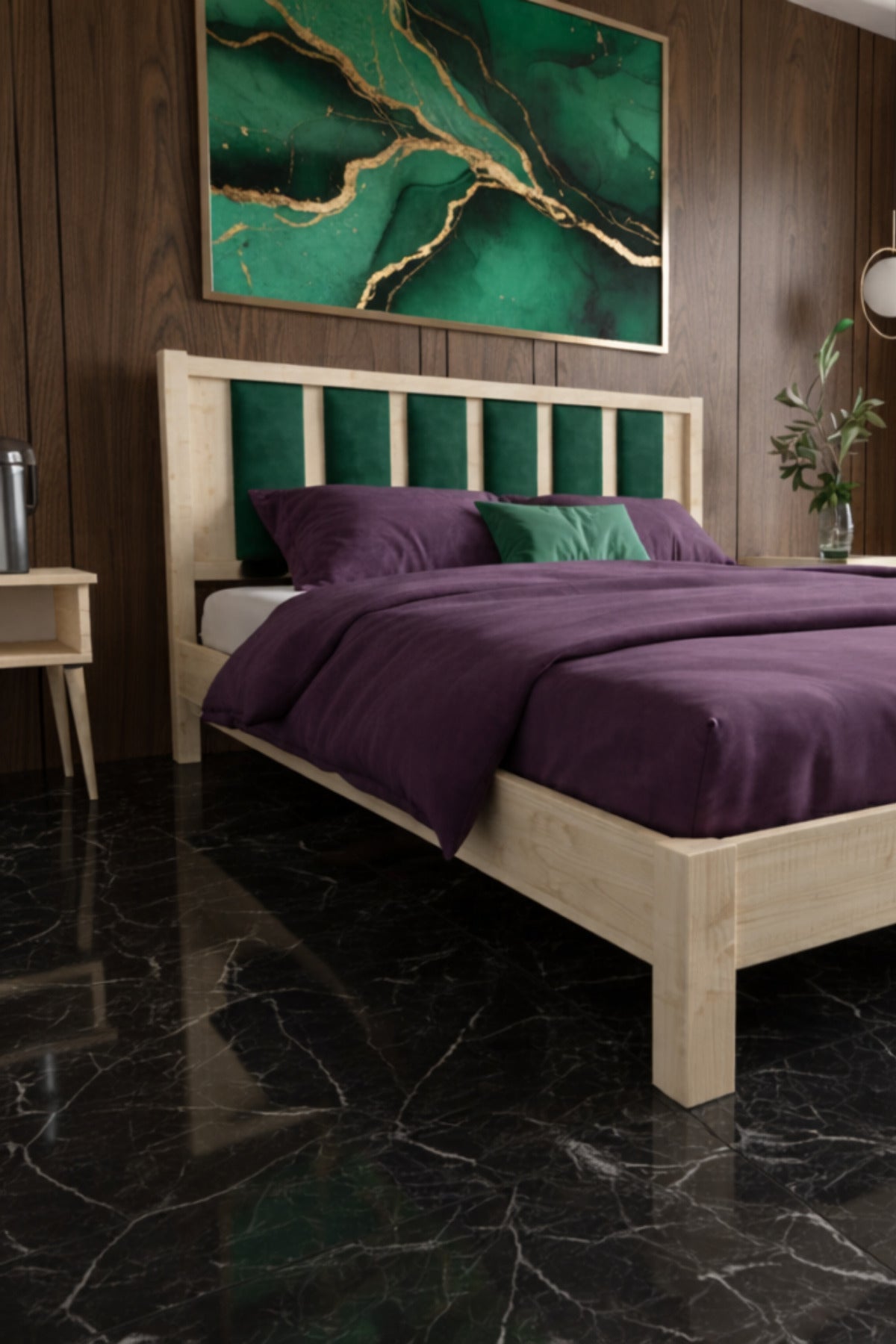 Ori̇on Model Zümrüt Yeşili Puf Başlıklı Masif Ahşap Karyola 140x200 Doğal