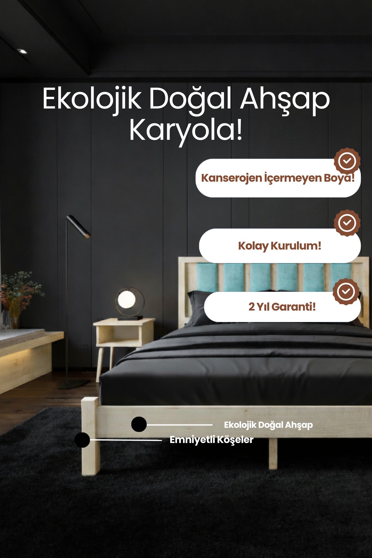 Ori̇on Model Cam Göbeği Rengi Puf Başlıklı Masif Ahşap Karyola 90x190 Doğal