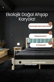 Ori̇on Model Cam Göbeği Rengi Puf Başlıklı Masif Ahşap Karyola 90x190 Doğal