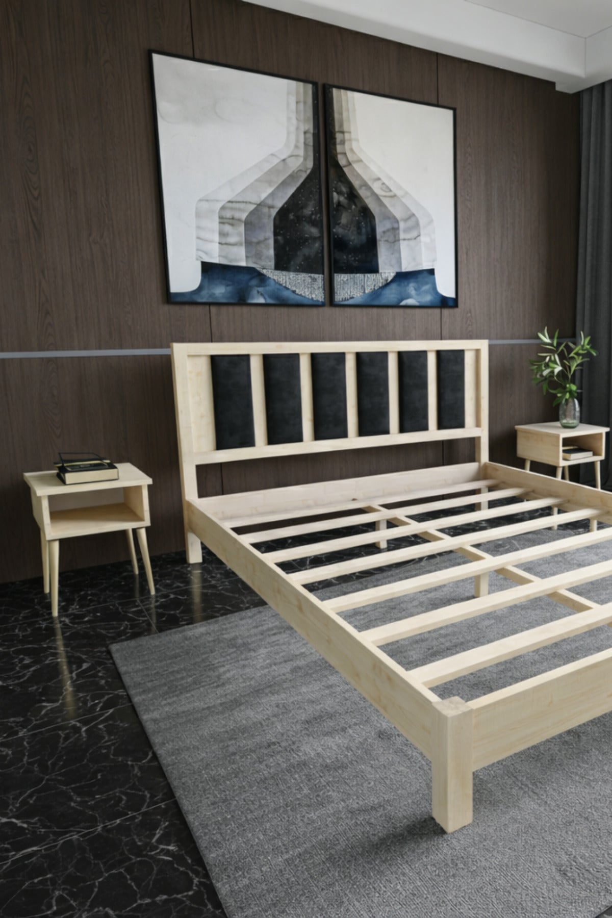 Ori̇on Model Siyah Puf Başlıklı Masif Ahşap Karyola 140x190 Doğal