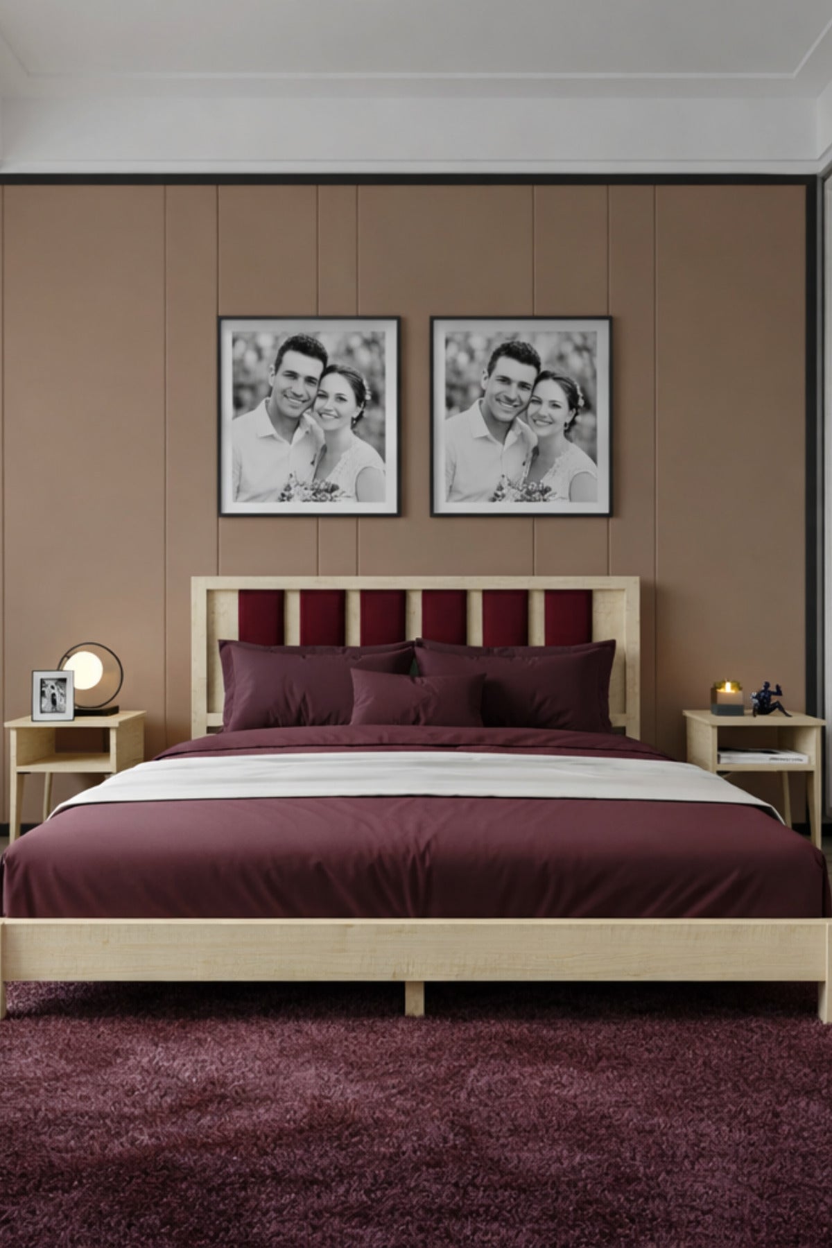 Ori̇on Model Bordo Puf Başlıklı Masif Ahşap Karyola 100x200 Doğal