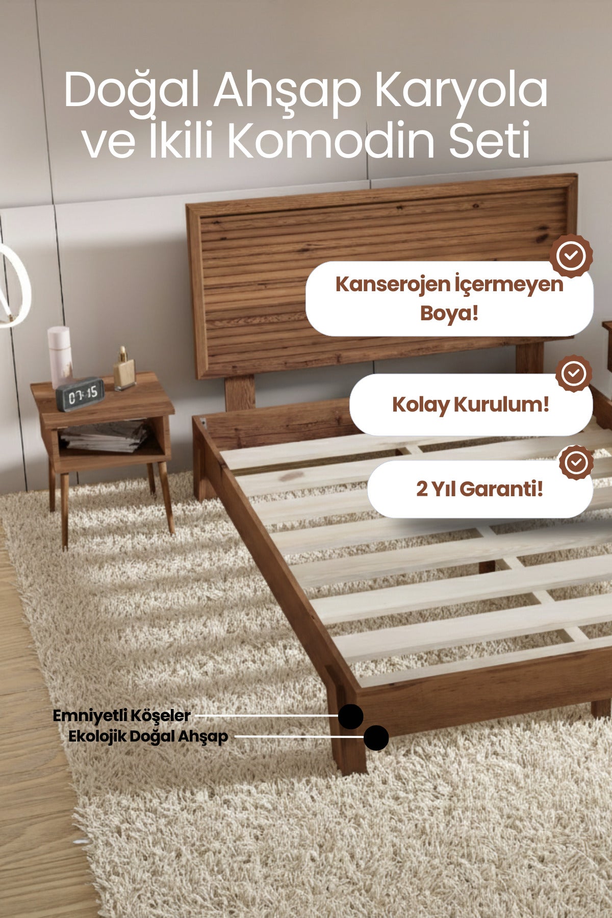 Ebruli̇ Model Yatay Başlıklı Masif Ahşap Karyola 2 Adet Komodin 180x200 Doğal
